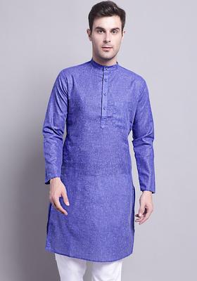 Blue Woven Design Cotton Kurta For Men