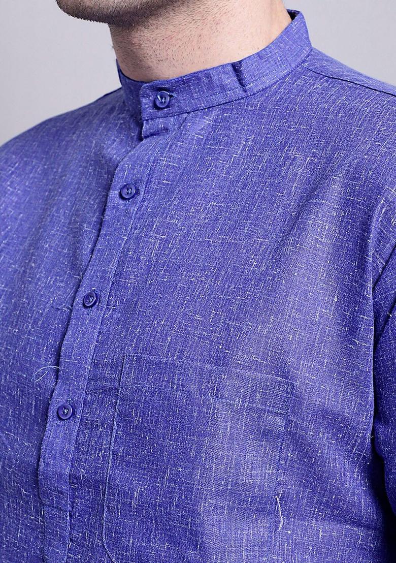 Blue Woven Design Cotton Kurta For Men - Indya