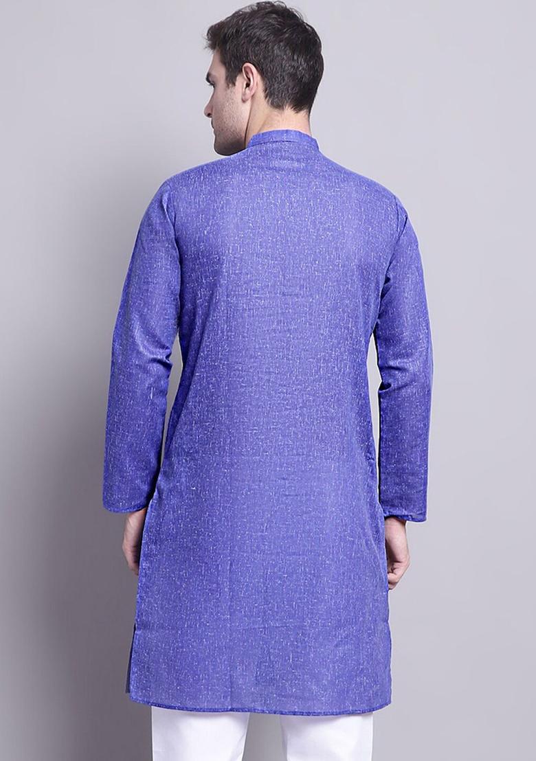 Blue Woven Design Cotton Kurta For Men - Indya