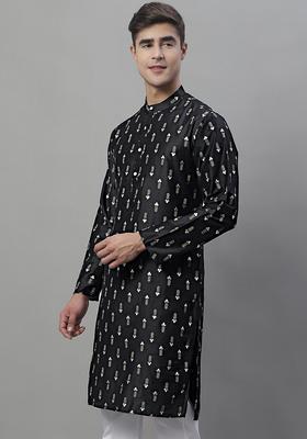 Black Printed Silk Kurta For Men
