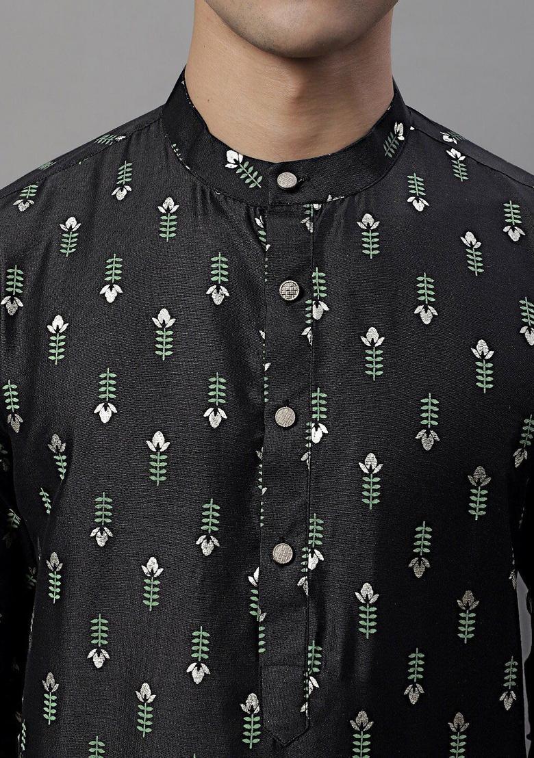 Black Printed Silk Kurta For Men - Indya