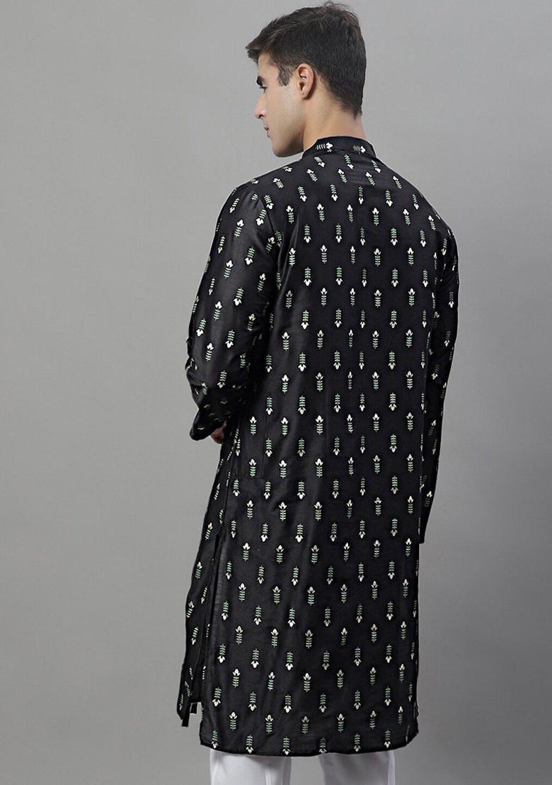 Black Printed Silk Kurta For Men - Indya