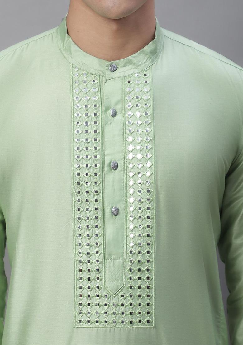 Green Solid Silk Kurta For Men - Indya