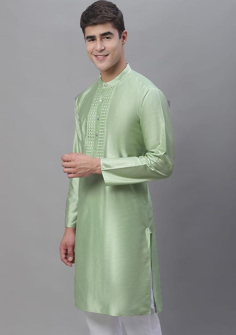 Green Solid Silk Kurta For Men - Indya