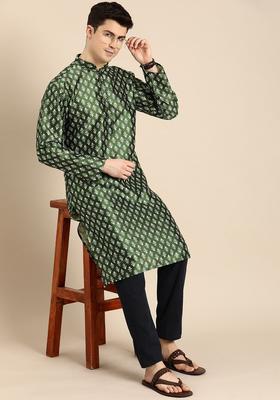 Green Printed Blended Kurta For Men