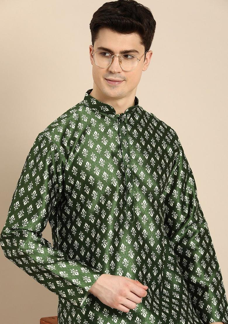 Green Printed Blended Kurta For Men - Indya