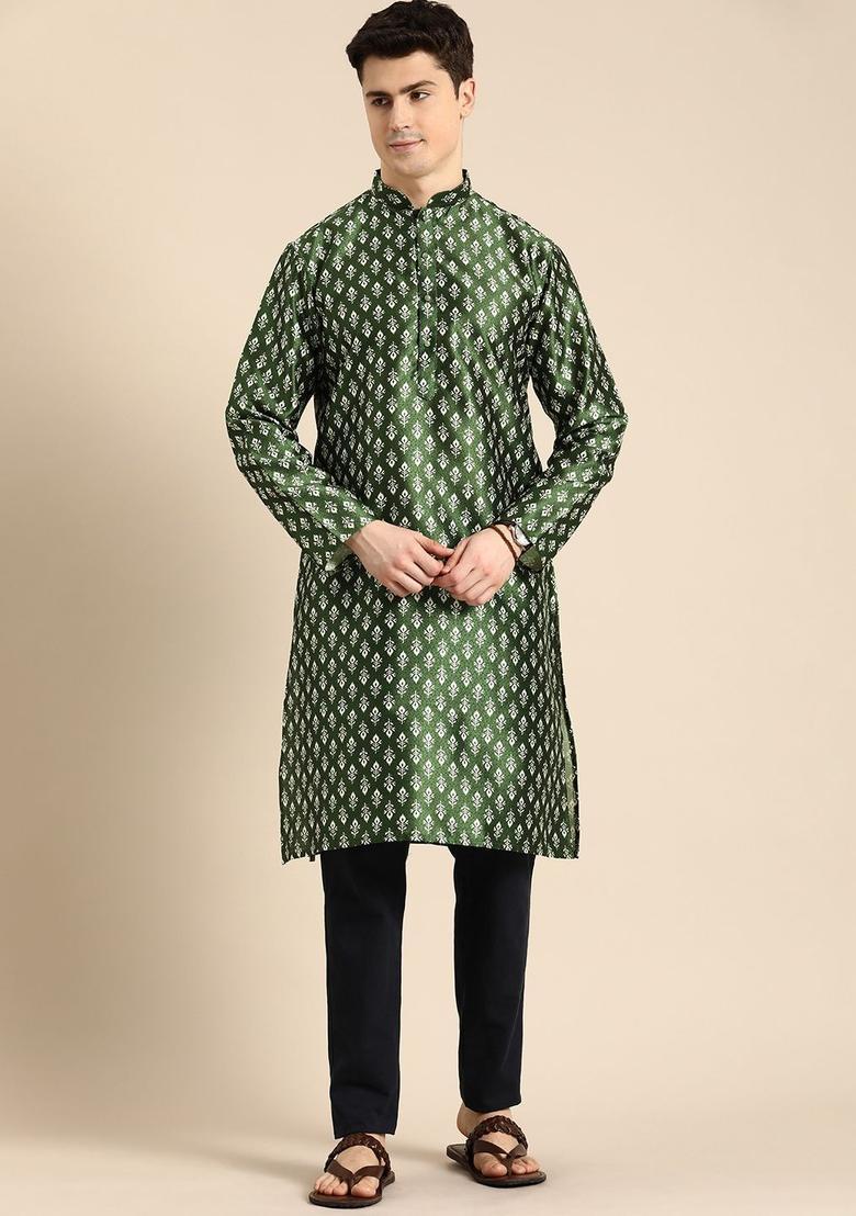 Green Printed Blended Kurta For Men - Indya