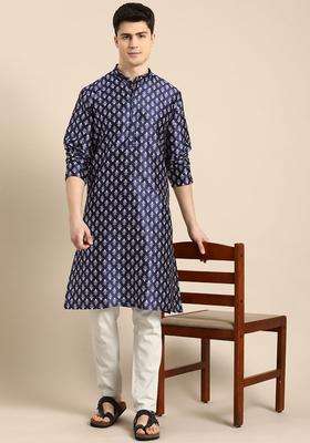 Blue Printed Blended Kurta For Men