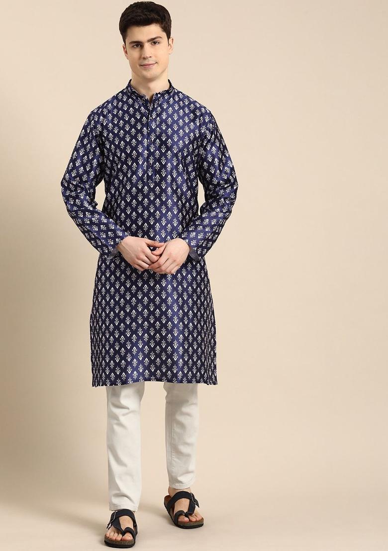 Blue Printed Blended Kurta For Men - Indya