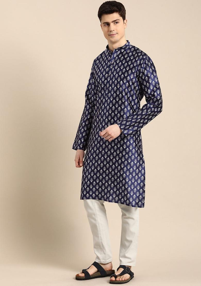 Blue Printed Blended Kurta For Men - Indya
