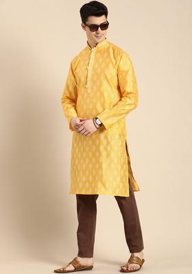 Yellow Printed Blended Kurta For Men