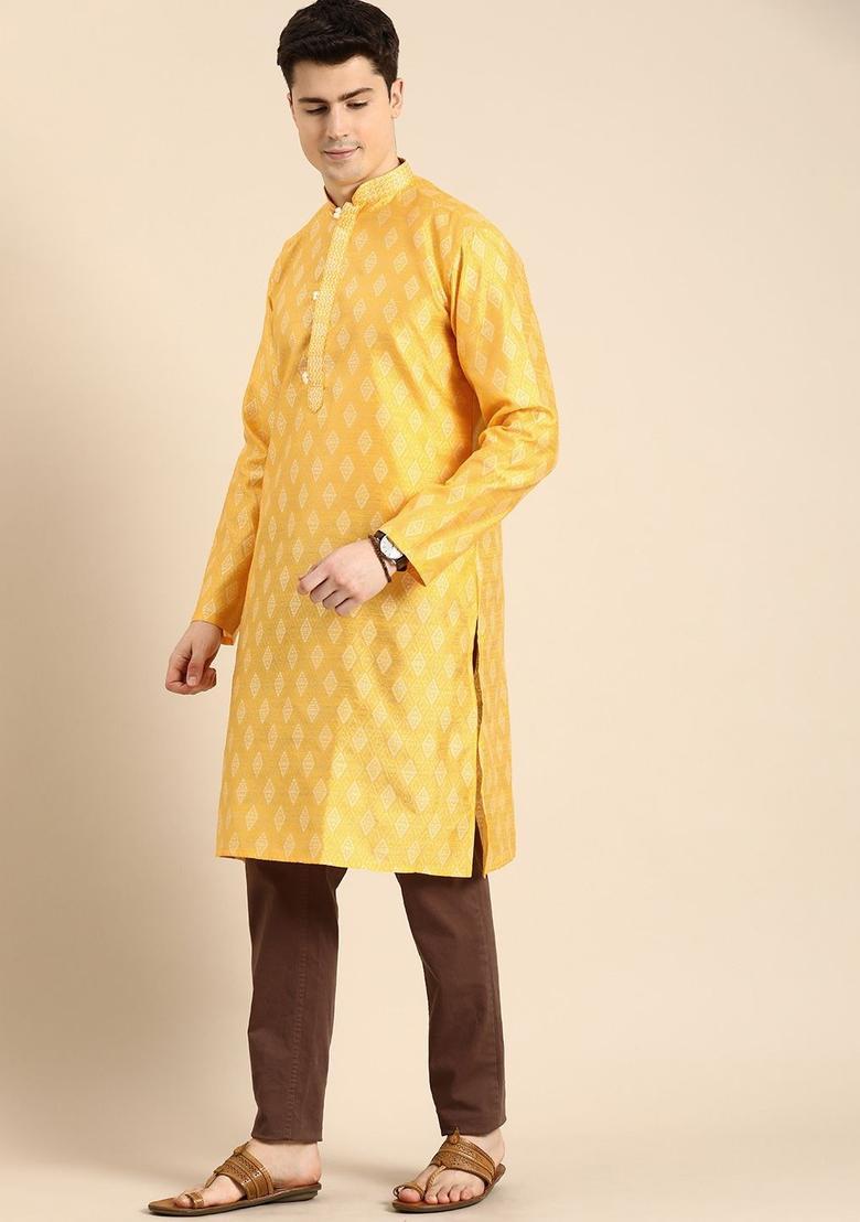 Yellow Printed Blended Kurta For Men - Indya