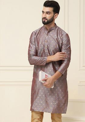 Purple Woven Design Cotton Kurta For Men