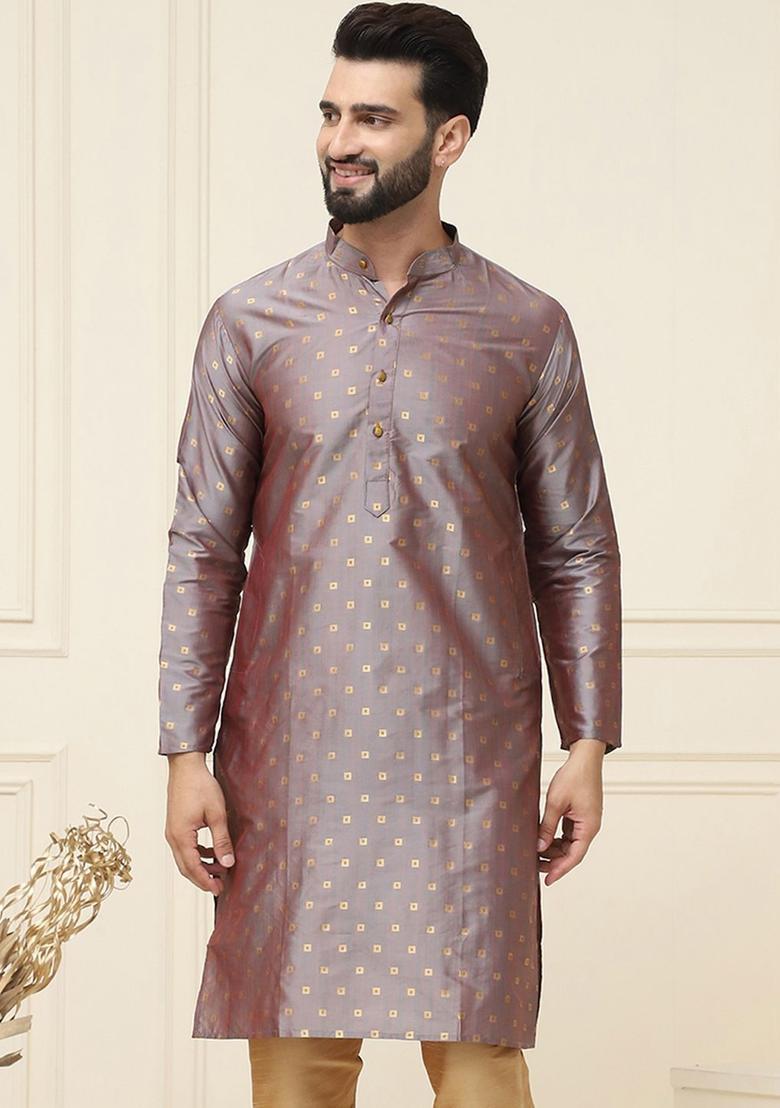 Purple Woven Design Cotton Kurta For Men - Indya