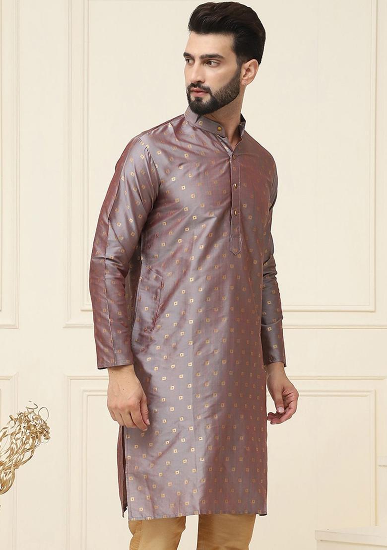 Purple Woven Design Cotton Kurta For Men - Indya