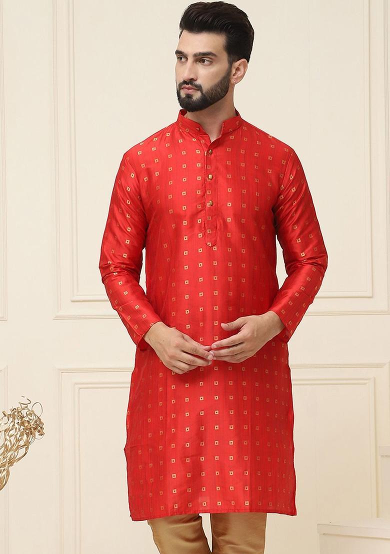 Red Woven Design Silk Kurta For Men - Indya