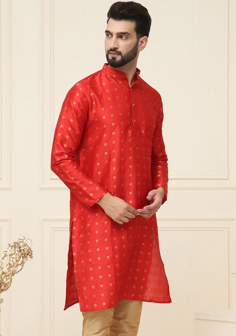 Red Woven Design Silk Kurta For Men - Indya