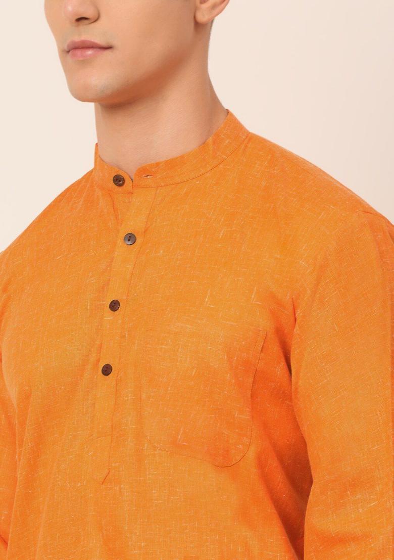 Orange Woven Design Cotton Kurta For Men - Indya