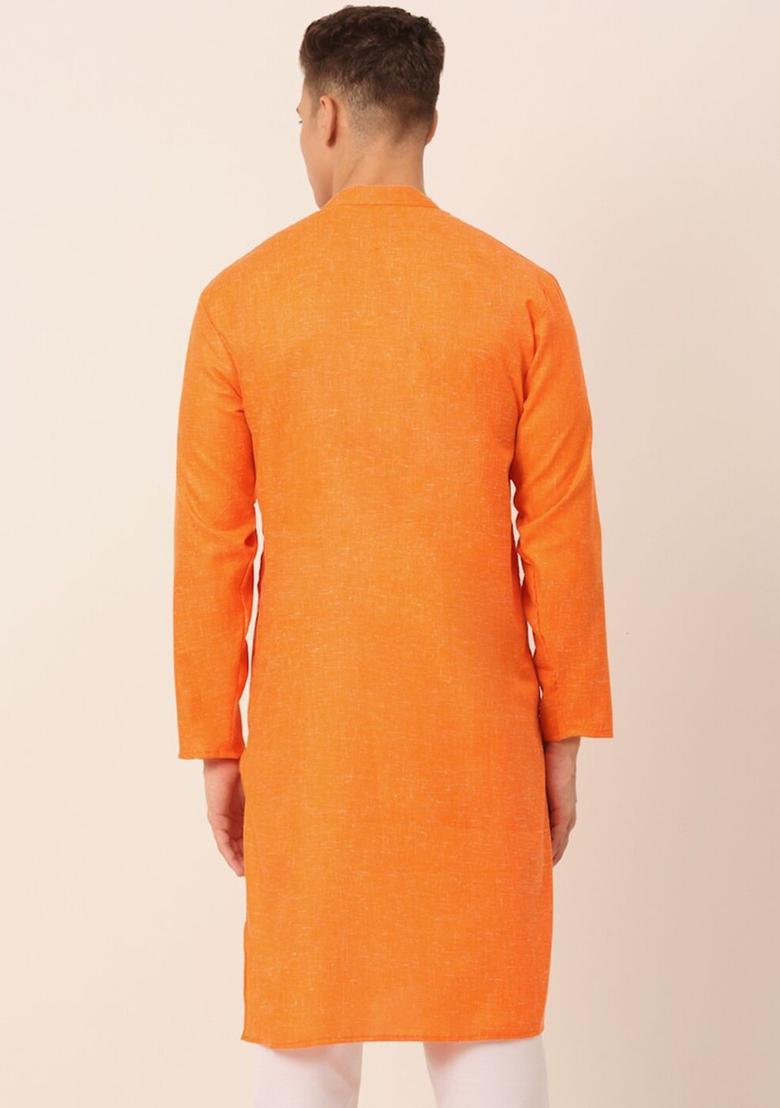 Orange Woven Design Cotton Kurta For Men - Indya