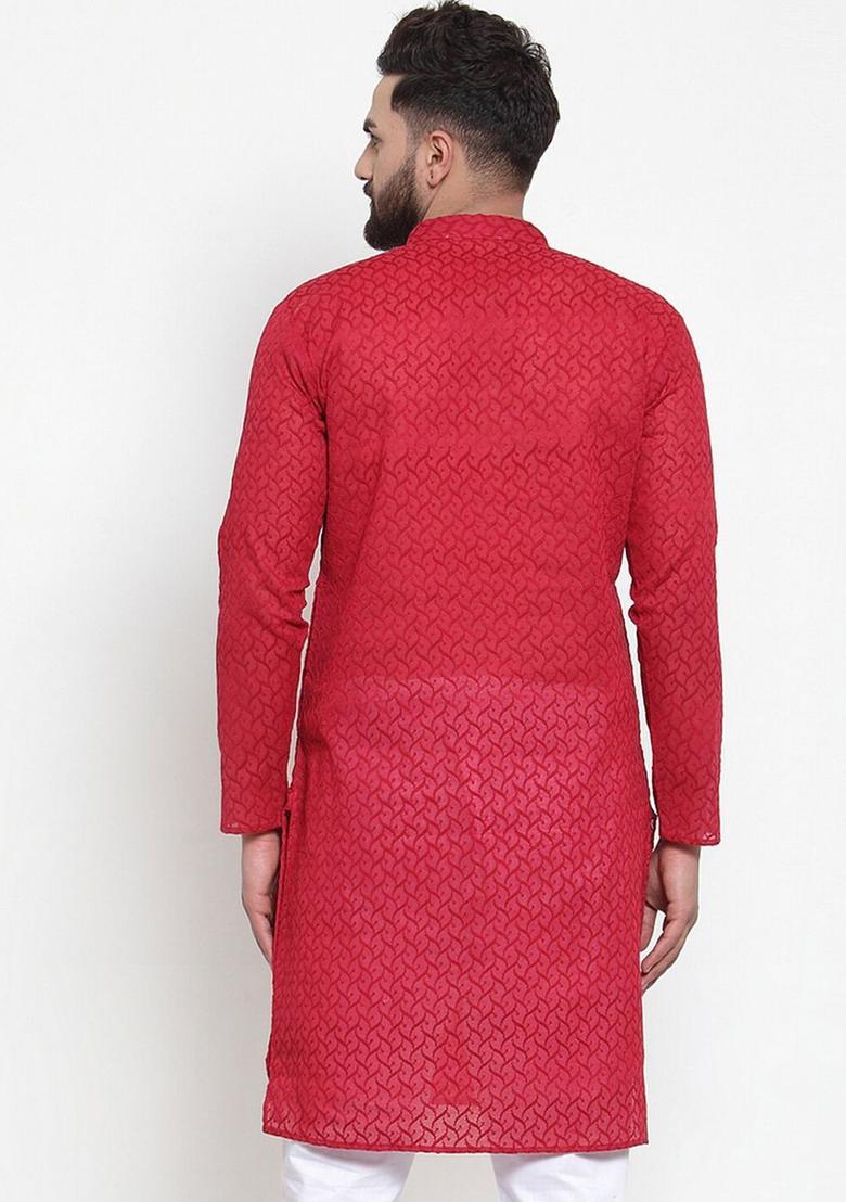 Maroon Embroidered Cotton Kurta For Men - Indya