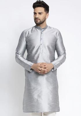 Silver Solid Silk Kurta For Men