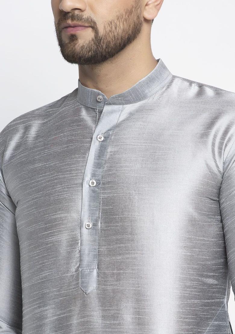 Silver Solid Silk Kurta For Men - Indya