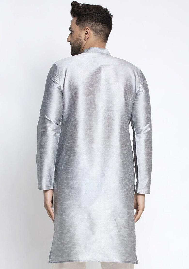 Silver Solid Silk Kurta For Men - Indya