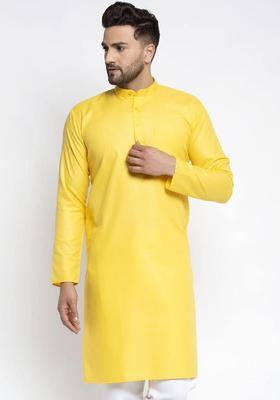 Yellow Woven Design Cotton Kurta For Men