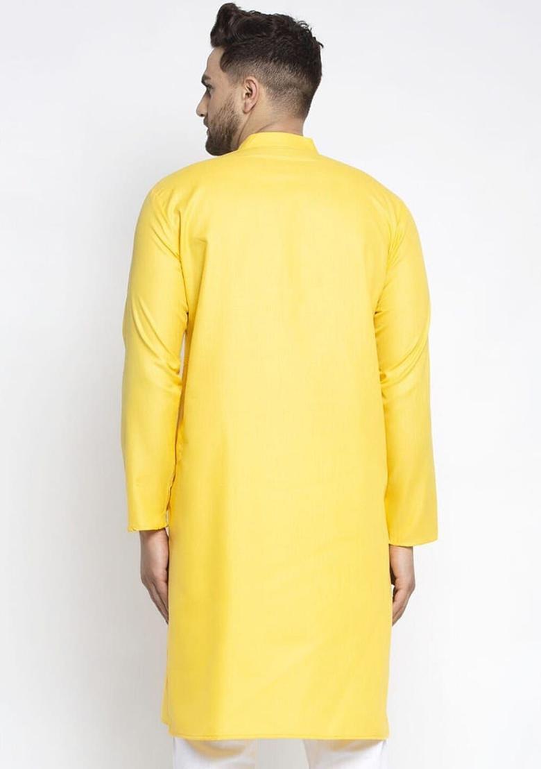 Yellow Woven Design Cotton Kurta For Men - Indya