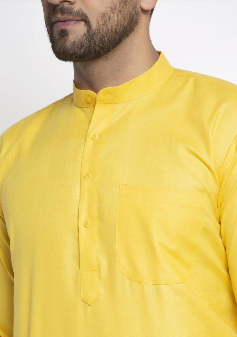Yellow Solid Silk Kurta For Men - Indya