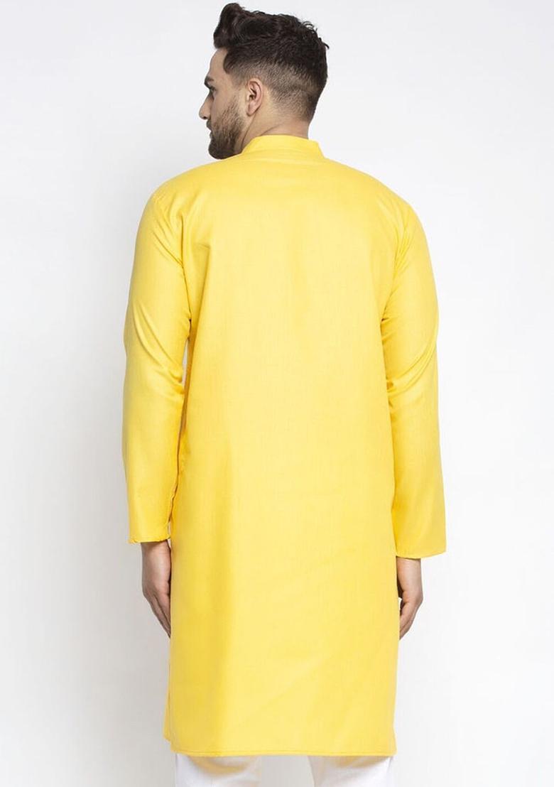 Yellow Solid Silk Kurta For Men - Indya
