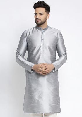 Silver Solid Silk Kurta For Men