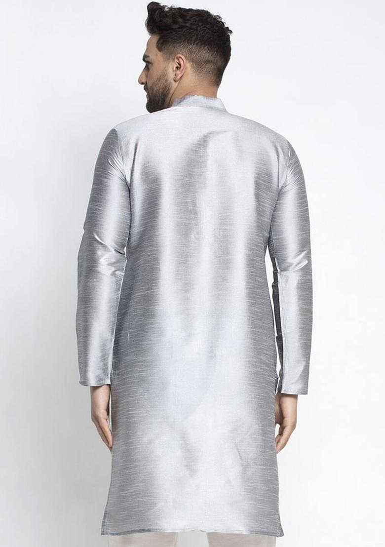 Silver Solid Silk Kurta For Men - Indya