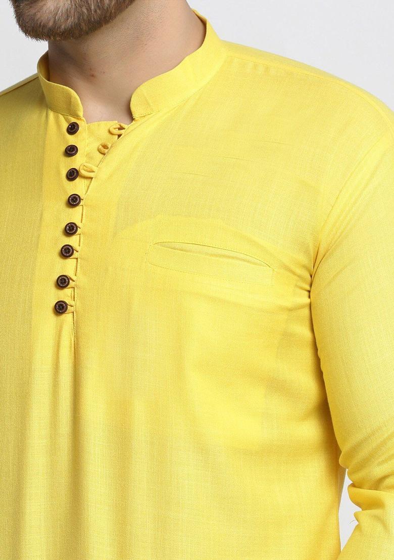 Yellow Solid Cotton Kurta For Men - Indya
