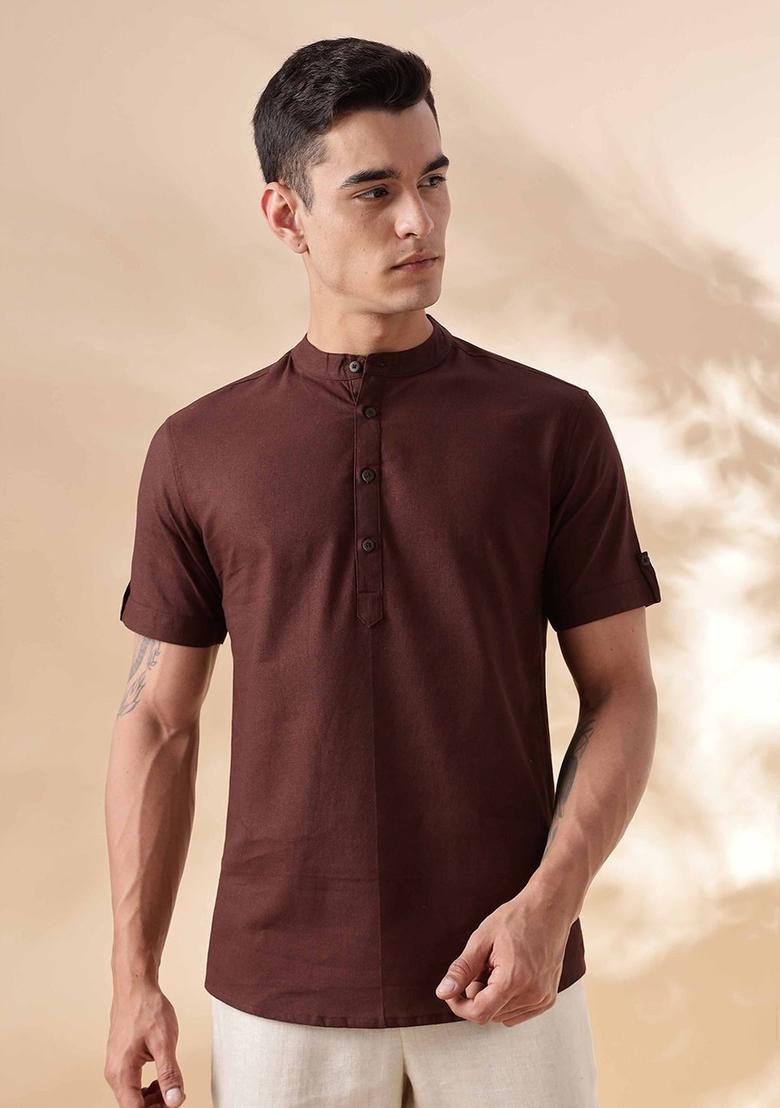 Brown Solid Cotton Kurta For Men - Indya