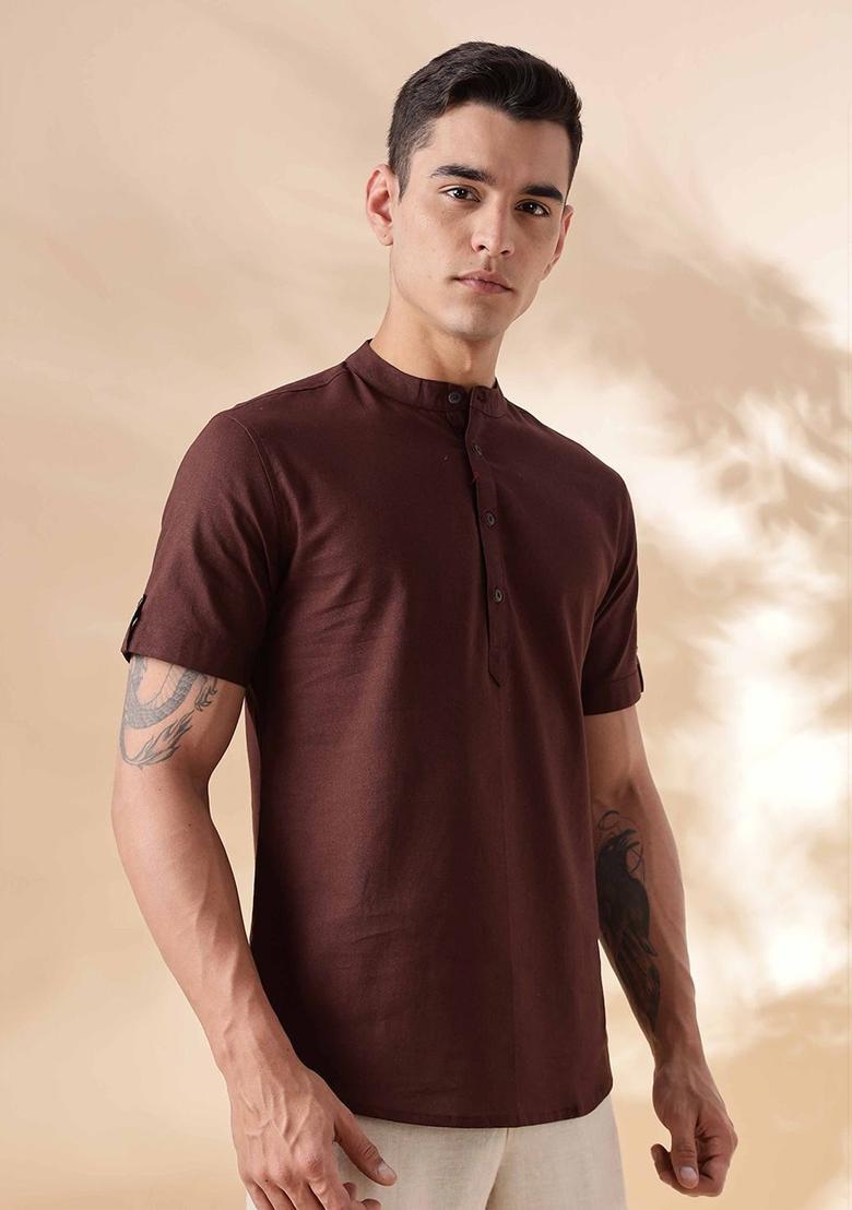 Brown Solid Cotton Kurta For Men - Indya
