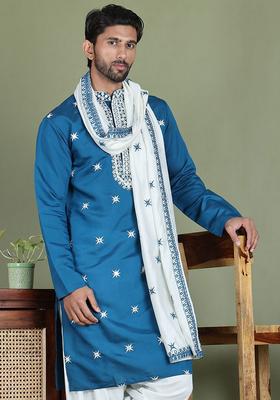 Blue Embroidered Silk Blend Kurta With Dupatta For Men