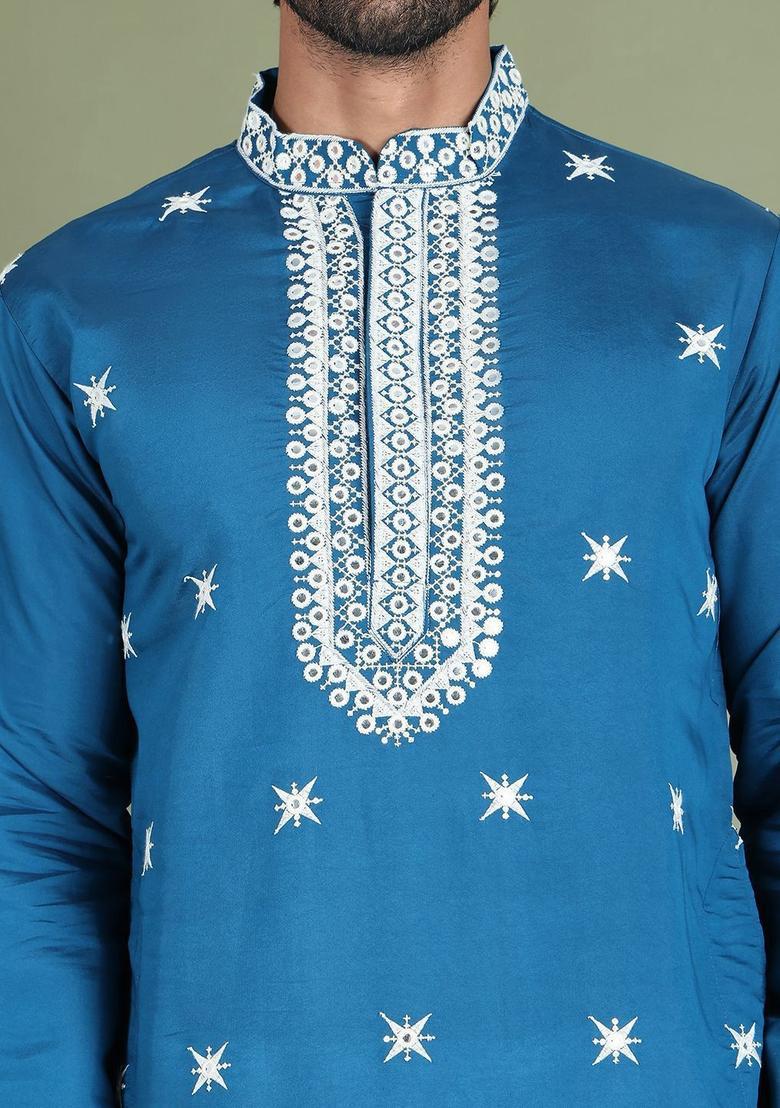 Blue Embroidered Silk Kurta With Dupatta For Men - Indya