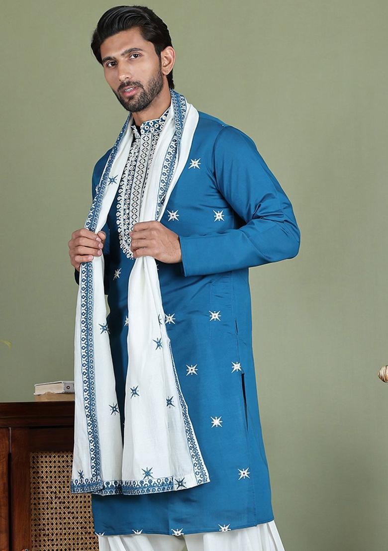 Blue Embroidered Silk Kurta With Dupatta For Men - Indya