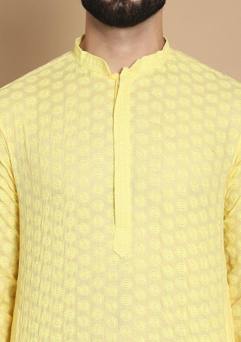 Yellow Embroidered Cotton Kurta For Men - Indya
