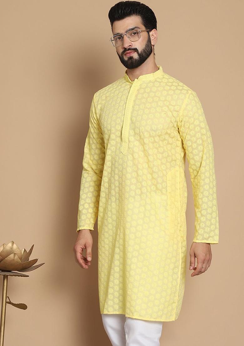 Yellow Embroidered Cotton Kurta For Men - Indya