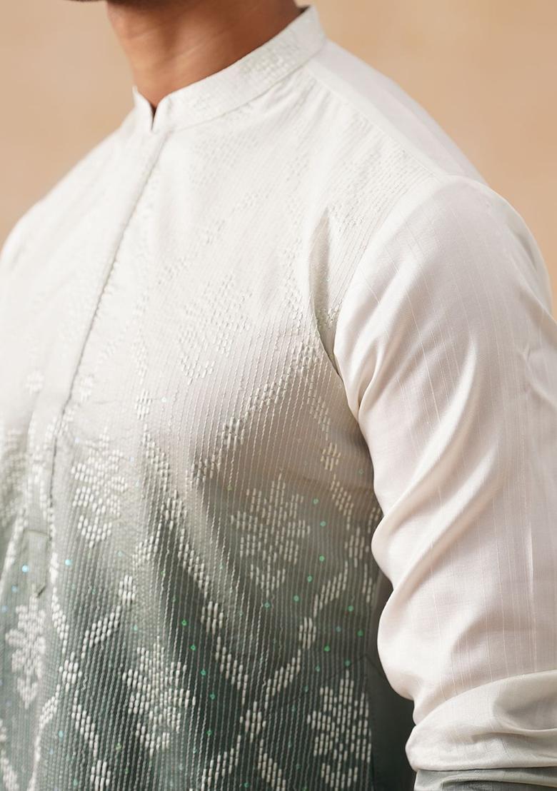 Grey Embroidered Silk Kurta For Men - Indya