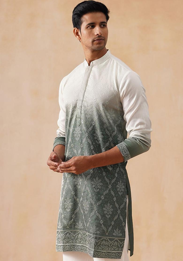 Grey Embroidered Silk Kurta For Men - Indya