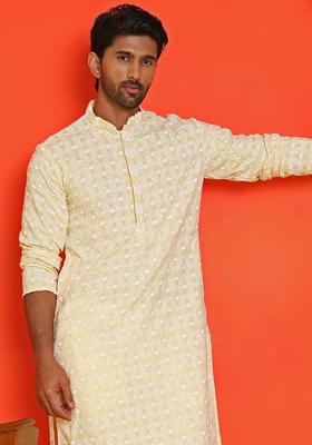 Yellow Embroidered Viscose Kurta For Men