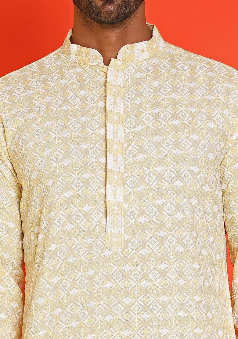 Yellow Embroidered Viscose Kurta For Men - Indya
