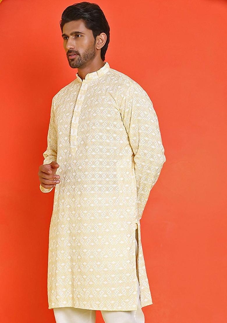 Yellow Embroidered Viscose Kurta For Men - Indya