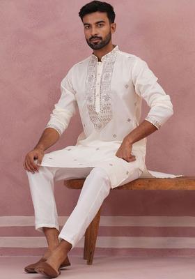White Embellished Silk Kurta For Men
