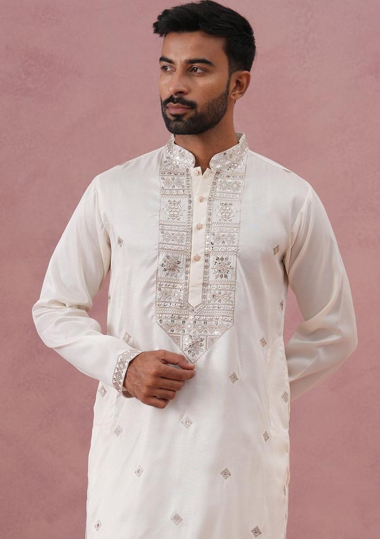 White Embellished Silk Kurta For Men - Indya