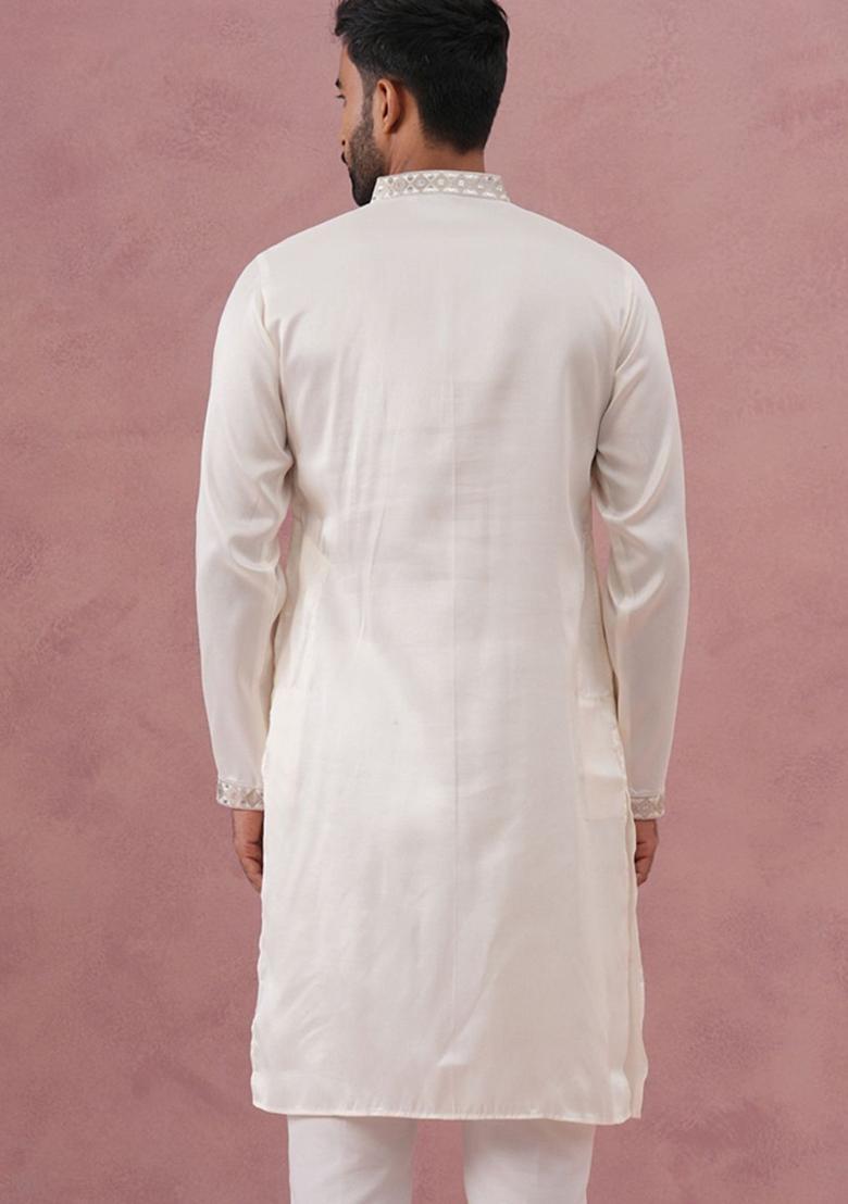 White Embellished Silk Kurta For Men - Indya