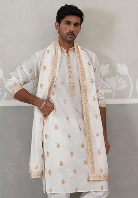 White Embroidered Silk Kurta With Dupatta For Men